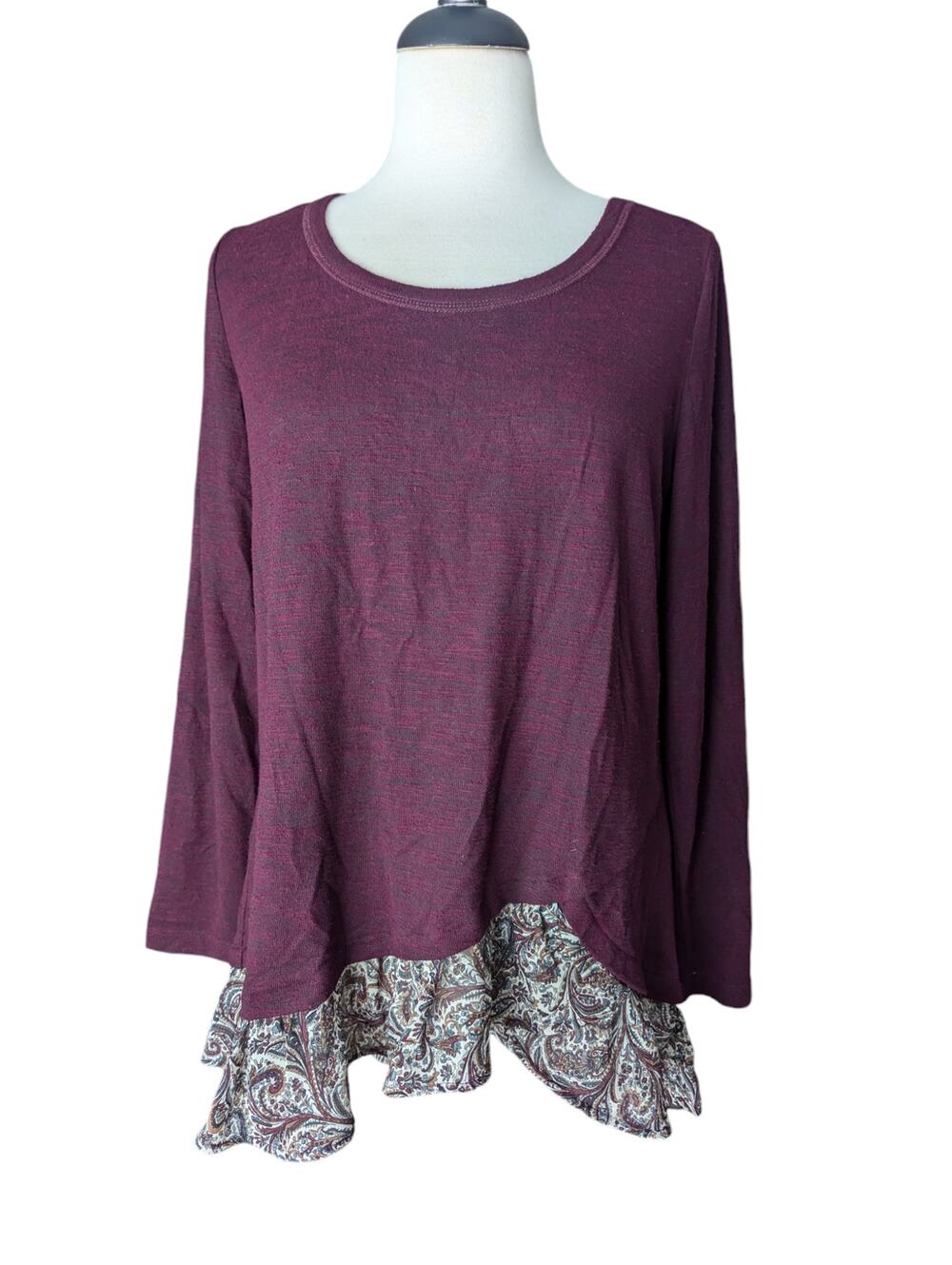 Orange Women's Large Red Wine Long Sleeve Knit Blouse Ruffle Paisley Hem Detail